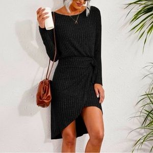 Ribbed Knit Drop Shoulder Knot Side Tie Hem Wrap Dress S (4)